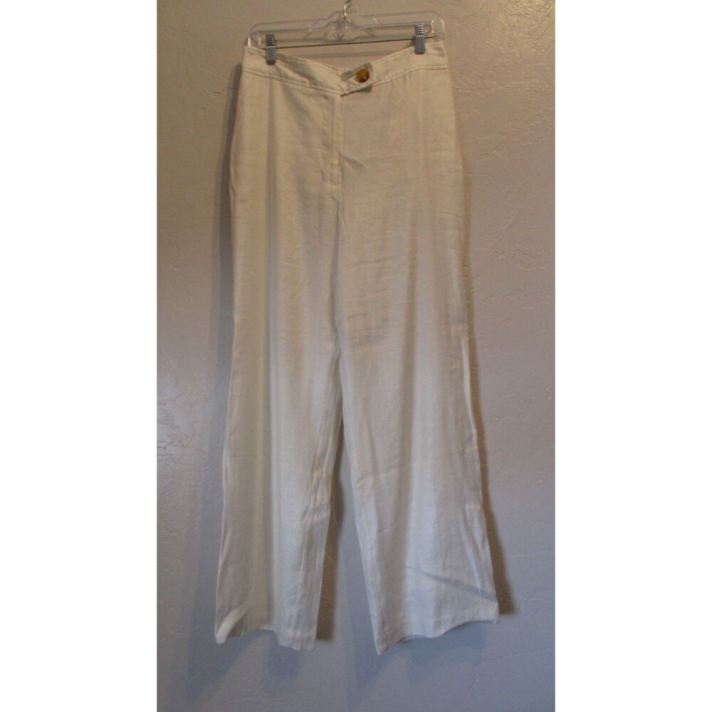 Tahari T Womens Sz 8 Linen Blend Wide Leg Pants Trousers White Coastal Boho Prep